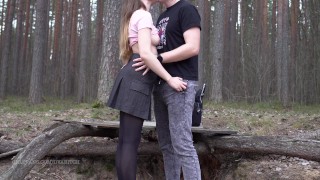 Pretty Brunette Public Blowjob and Doggystyle Fuck in the Woods