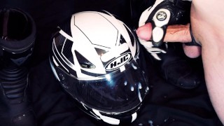 Biker masturbate and cum on his helmet with gloves