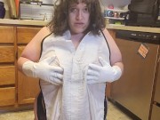 Preview 1 of BBW milf gets slippery wet in apron and rubber gloves before being a free use cock sucking slut