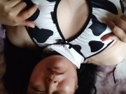 Preview 1 of A Japanese woman cosplaying as a cow has an orgasm while masturbating her nipples.