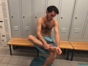 Preview 1 of Playing with feet and dick in public locker room (RISKY!)