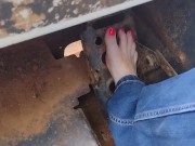 Preview 3 of Pedal pumping a bobcat tractor starting with shoes then socks then barefoot