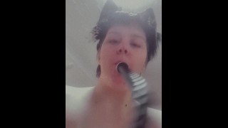 Femboy lubes up butt plug with his mouth