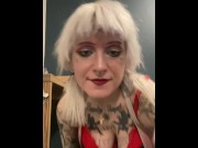 Preview 2 of Naughty kinky blonde tattooed bisexual schoolgirl playing with sex toy vibrator at desk and cumming