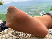Preview 3 of Goddess cute toes wiggling in fragrance nylon socks with jeans on the top of the mountain