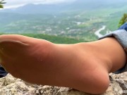Preview 6 of Goddess cute toes wiggling in fragrance nylon socks with jeans on the top of the mountain