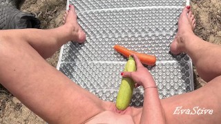 multiorgasm from vegetables of a red-haired slut in nature
