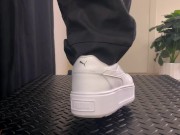 Preview 1 of Shuffle Girl Cock Crush in White Platform Sneakers - Shoejob, Trampling, Sneakers, White Puma
