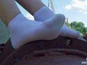 Preview 6 of Sexy feet in nylon knee socks and dirty white socks teasing you closeup outdoor