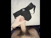 Preview 4 of fit handsome hairy guy shoots thick load of cum on cum covered and stained jockstrap