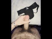 Preview 5 of fit handsome hairy guy shoots thick load of cum on cum covered and stained jockstrap