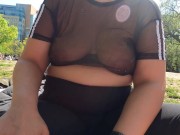 Preview 2 of Wife Braless at the park see through shirt no bra