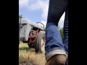 Preview 1 of Redhead barely gets pants down in time to pee all over tractor tire