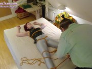 Preview 2 of Behind the scene & teaser: Girl struggling in spiderweb bed tie