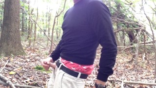 Public wanking in the woods. Sagging in my AE Boxers.  I jerk-off and cum in the woods.