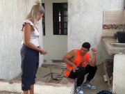 Preview 4 of Builder fucks boss's blonde wife on outdoor terrace - Ann Rides & Angel Cruz