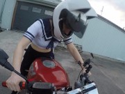 Preview 3 of Public Adventures: School Girl Riding Motorcycle Without Panties In Short Skirt (Pussy Dripping)