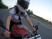 Preview 4 of Public Adventures: School Girl Riding Motorcycle Without Panties In Short Skirt (Pussy Dripping)