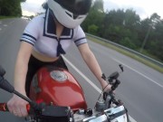 Preview 6 of Public Adventures: School Girl Riding Motorcycle Without Panties In Short Skirt (Pussy Dripping)