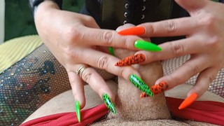 How do you like my new manicure? Fetish of long, sharp nails on a worthless dick