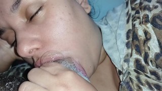 DAMN,this bitch's nervous tongue licking all the dick,fucking her throat,receiving a lot of creampie