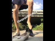Preview 3 of red bottom high heels sissy pissing on the road