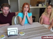 Preview 1 of A redhead and a blonde lose a strip game and fuck the male winner