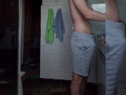Preview 1 of Fat cock in gray shorts. Handjob in the kitchen while preparing breakfast