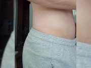 Preview 3 of Fat cock in gray shorts. Handjob in the kitchen while preparing breakfast