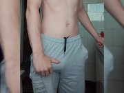Preview 4 of Fat cock in gray shorts. Handjob in the kitchen while preparing breakfast