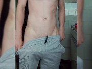 Preview 5 of Fat cock in gray shorts. Handjob in the kitchen while preparing breakfast
