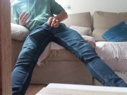 Preview 1 of The Horny Jerk Off With The Nice Big Cock Jerks Off With The Tv Remote And Cums In His Hand